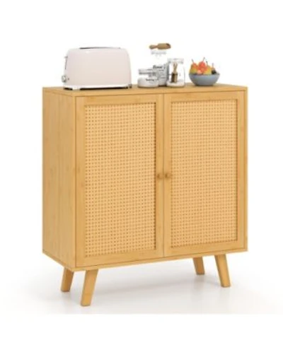Gouun Bamboo Buffet Storage Cabinet With Pe Rattan Doors 31.5 X 13.5 X 33.5 In