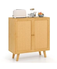 Gouun Bamboo Buffet Storage Cabinet With Pe Rattan Doors 31.5 X 13.5 X 33.5 In