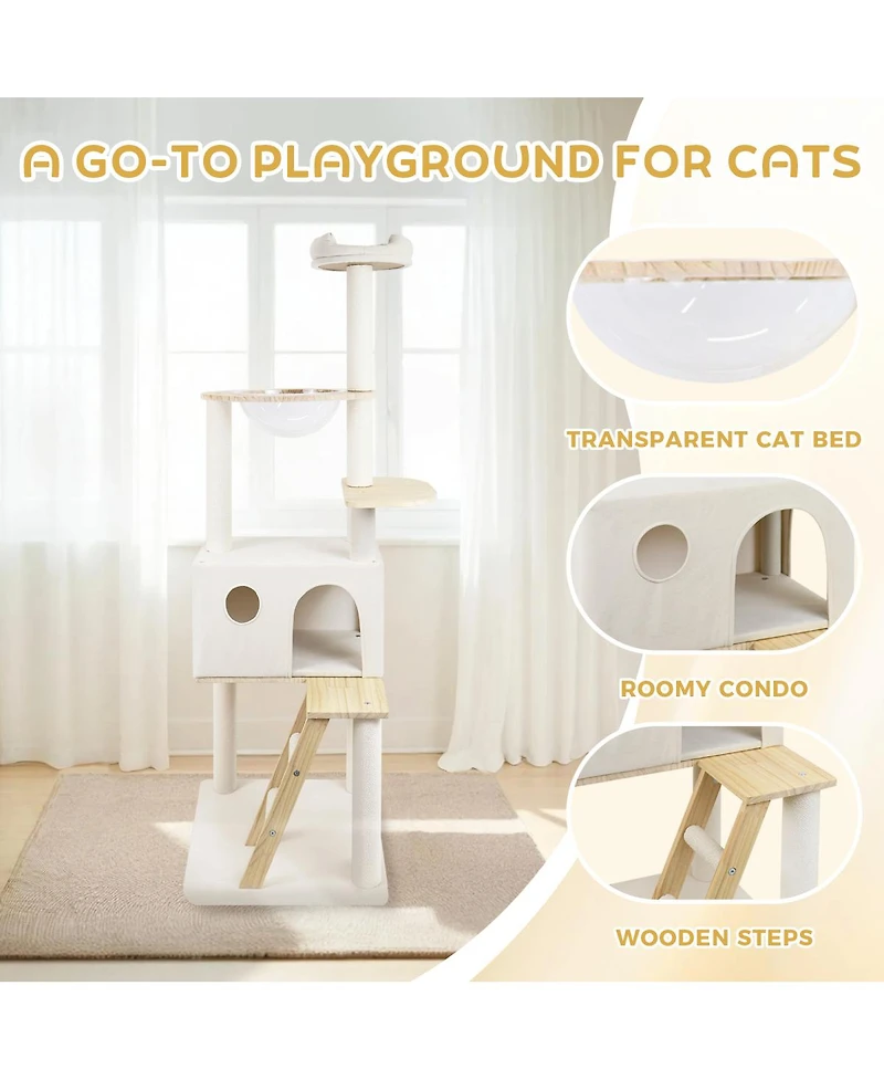 Streamdale Furniture wood cat tree with large condo wood ladder and transparent spacecraft 165cm
