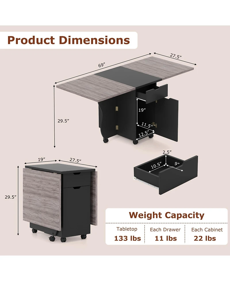 Sugift Three in One Folding Dining Table with Drop Leaf and Wheels