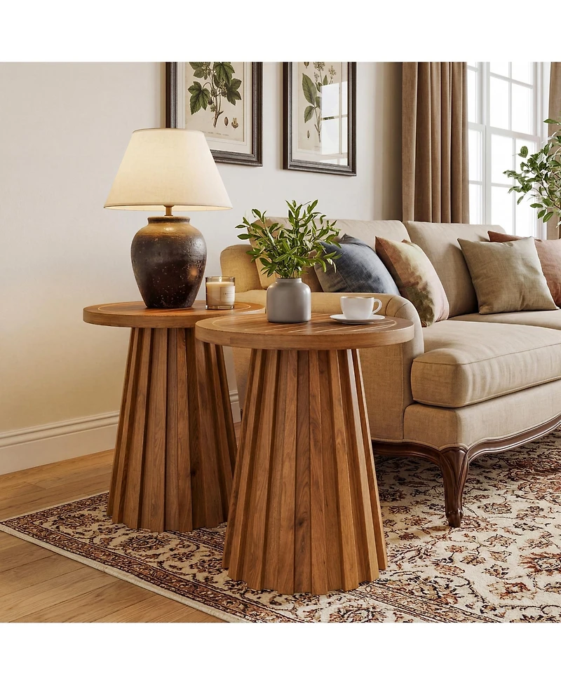 Tribesigns Round Side Table, Solid Wood End Table with Fluted Base, Modern Rustic Night Stand for Living Room, Bedroom, Small Space