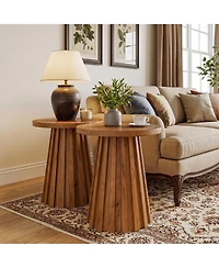 Tribesigns Round Side Table, Solid Wood End Table with Fluted Base, Modern Rustic Night Stand for Living Room, Bedroom, Small Space