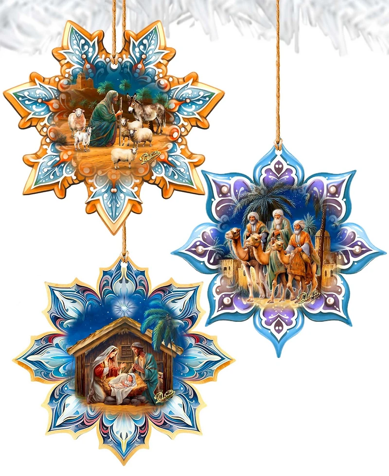 Designocracy Nativity Snowflake Wood Ornaments, Set of 3