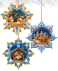Designocracy Nativity Snowflake Wood Ornaments, Set of 3