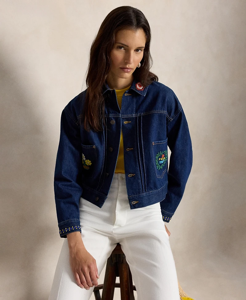 Polo Ralph Lauren Women's Spread Collar Beaded Denim Trucker Jacket