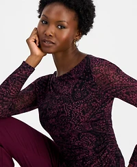 I.n.c. International Concepts Women's Petite Long-Sleeve Ruched Mesh Blouse, Macy's Exclusive