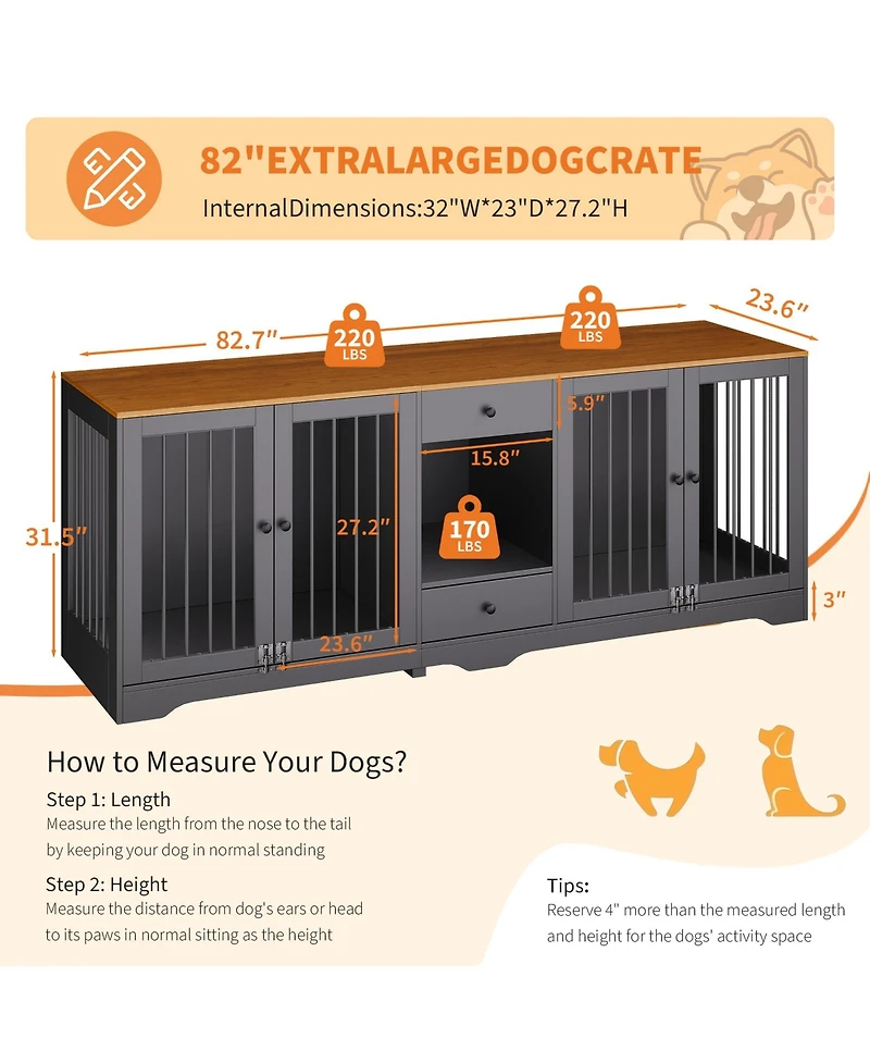 Multi-Functional Dog Crate for Medium Large Dogs 83'' Indoor Wooden Kennel with 4 Doors, 2 Drawers, Secure Locks Decorative Cage Living Room