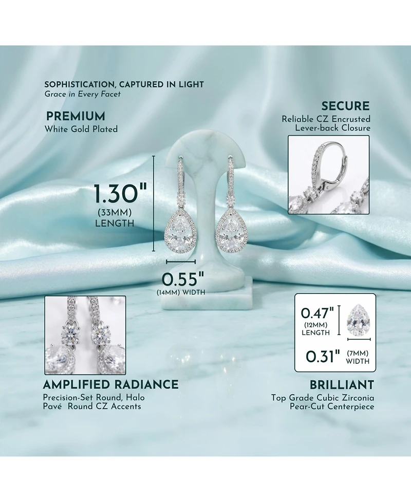 Rachel Glauber Brilliant White Gold Plated Cz Halo Pear Drop Earrings