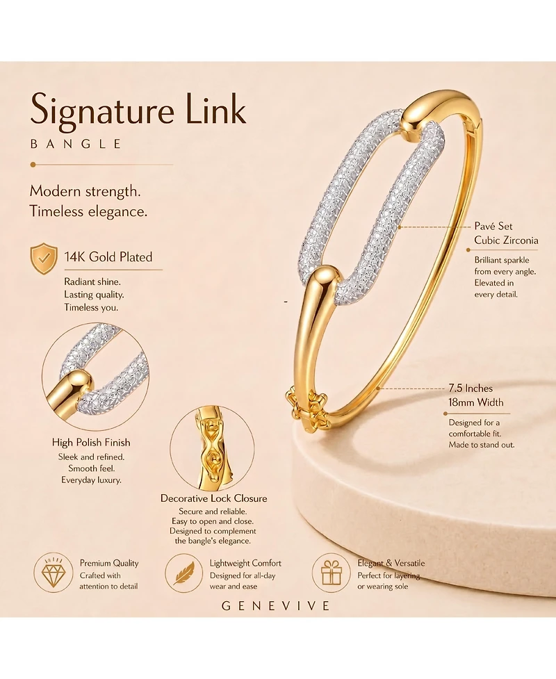 Genevive Sterling Silver 14k Yellow Gold Plated with Cubic Zirconia French Pave Geometric Link Bangle Bracelet
