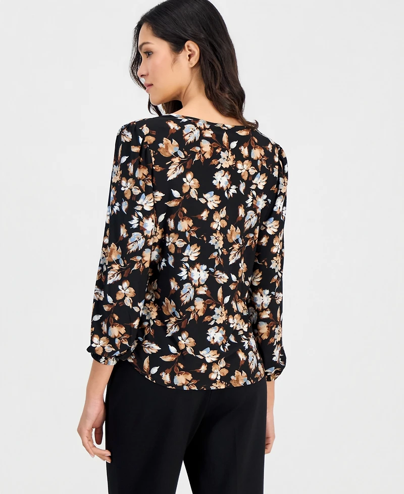 Anne Klein Essentials Petite Printed 3/4 Sleeve Keyhole Top
