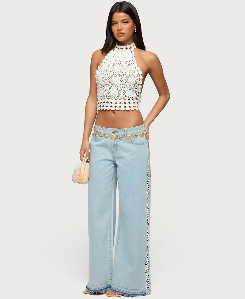 Edikted Women's Crochet Panel Low Rise Wide Leg Jeans