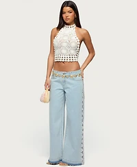 Edikted Women's Crochet Panel Low Rise Wide Leg Jeans