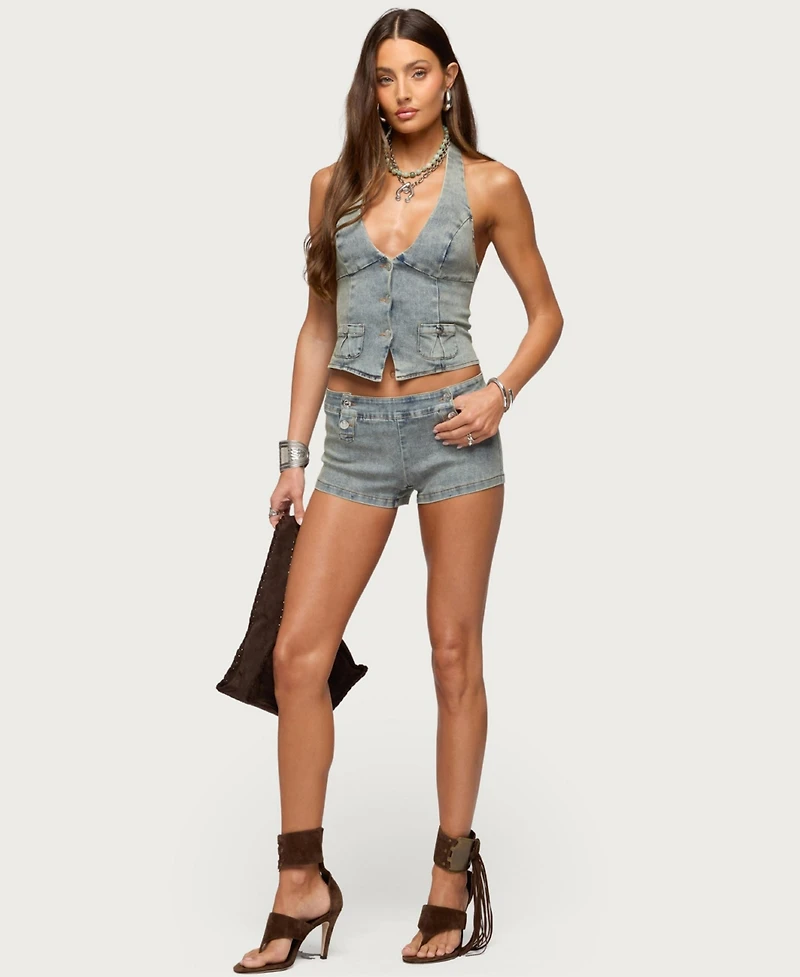 Edikted Women's Sashe Button Up Denim Halter Top