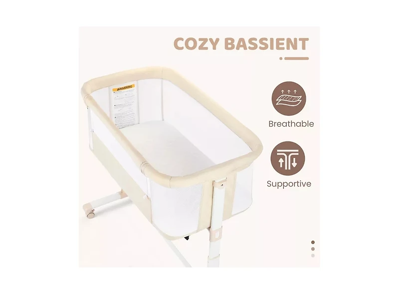 Kinder King Baby Bassinet Bedside Sleeper with Wheels, Adjustable Height and Mesh Sides