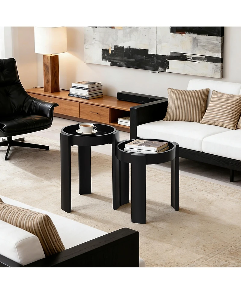 LuxenHome Black Nesting Side Tables Set of 2, Round Mdf End Tables for Living Room, Painted Finish
