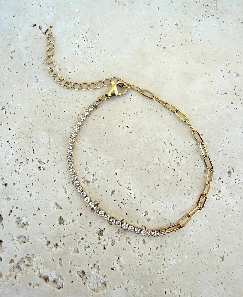 Adornia Tarnish Resistant Gold Half Tennis and Paperclip Chain Anklet