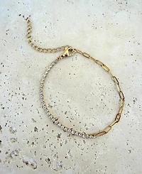 Adornia Tarnish Resistant Gold Half Tennis and Paperclip Chain Anklet