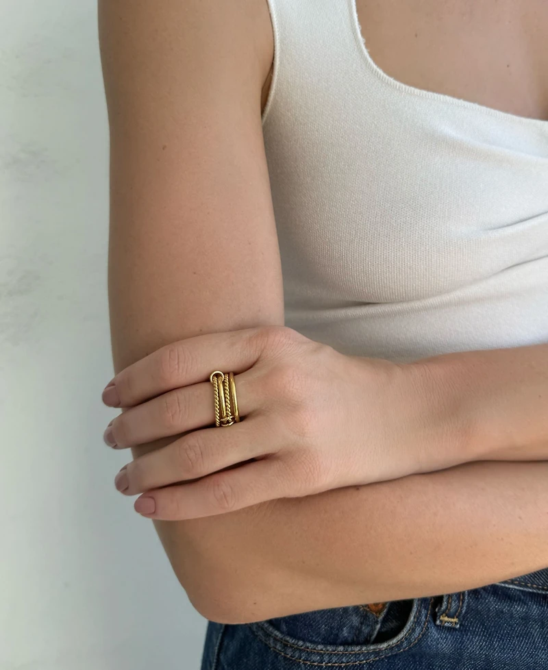 Adornia Tarnish Resistant Gold Four Band Connected Ring Set