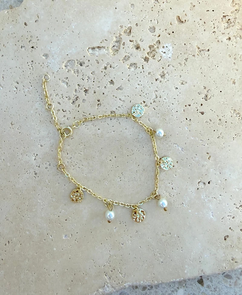 Adornia Gold Natural Freshwater Imitation Pearl and Coin Charm Bracelet