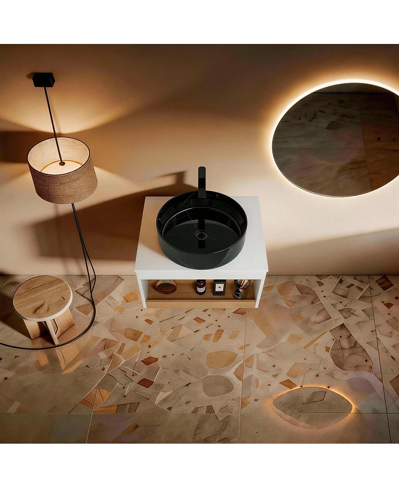 Sillysis Wall Mounted Bathroom Vanity with Marble Vessel Sink, Floating Plywood Cabinet, Open Storage for Small Spaces