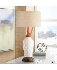 360 Lighting Mid Century Modern Table Lamp with Usb and Ac Power Outlet Workstation Charging Base 30" Tall Ceramic Drum Shade Bedroom