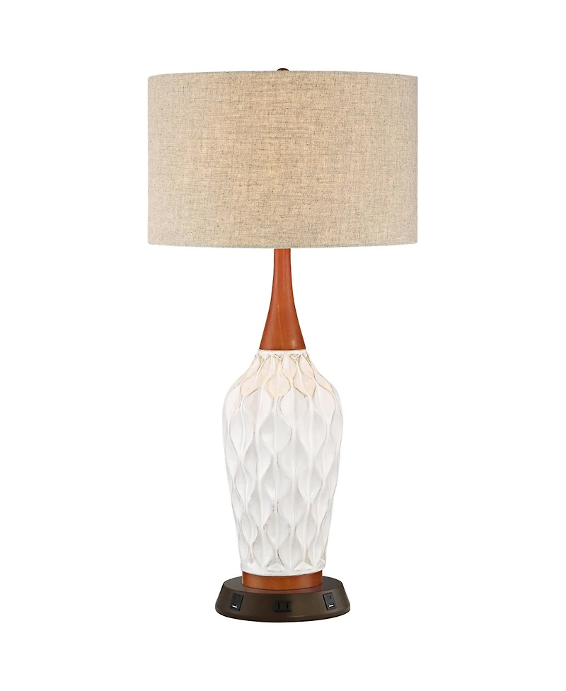 360 Lighting Mid Century Modern Table Lamp with Usb and Ac Power Outlet Workstation Charging Base 30" Tall Ceramic Drum Shade Bedroom