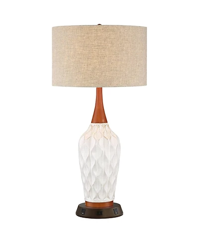 360 Lighting Mid Century Modern Table Lamp with Usb and Ac Power Outlet Workstation Charging Base 30" Tall Ceramic Drum Shade Bedroom
