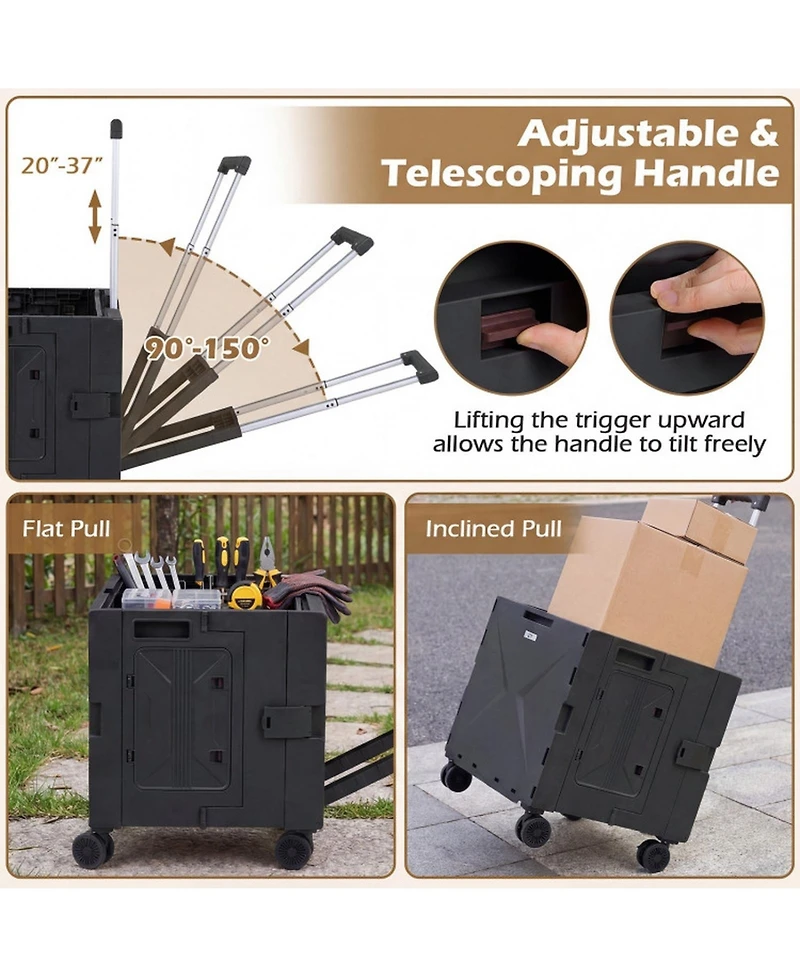 Gouun Foldable Rolling Utility Cart with Cup Holder and 4 Swivel Wheels Bin