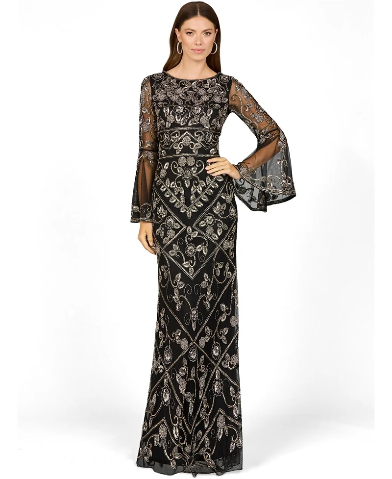 Lara Women's Bell Sleeved High Neck Beaded Gown