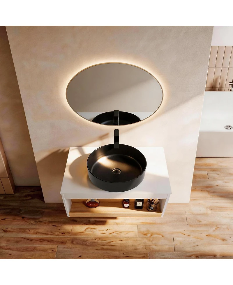 Sillysis Wall Mounted Bathroom Vanity with Vessel Sink, Floating Plywood Cabinet, Open Storage for Small Spaces