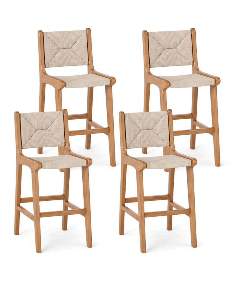 Gouun Set of 4 Counter Height Bar Stools with Hand-Woven Paper Rope Seat and Teak Wood Frame
