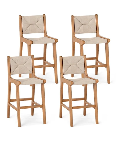 Gouun Set of 4 Counter Height Bar Stools with Hand-Woven Paper Rope Seat and Teak Wood Frame