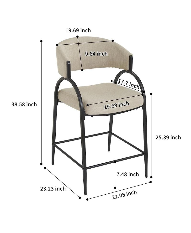 Rainsken 25 inch Seat Height Modern Fabric Bar Stools, Counter Height Chairs Set of 2 with Curved Backrest and Metal Frame for Kitchen Island