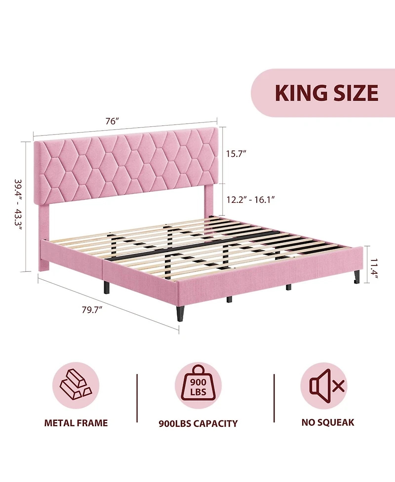 homfan Bed Frame with Upholstered Headboard, Heavy-Duty Platform Bed Frame with Strong Wood Slats, No Box Spring Needed, Noise Free, Easy Assembly