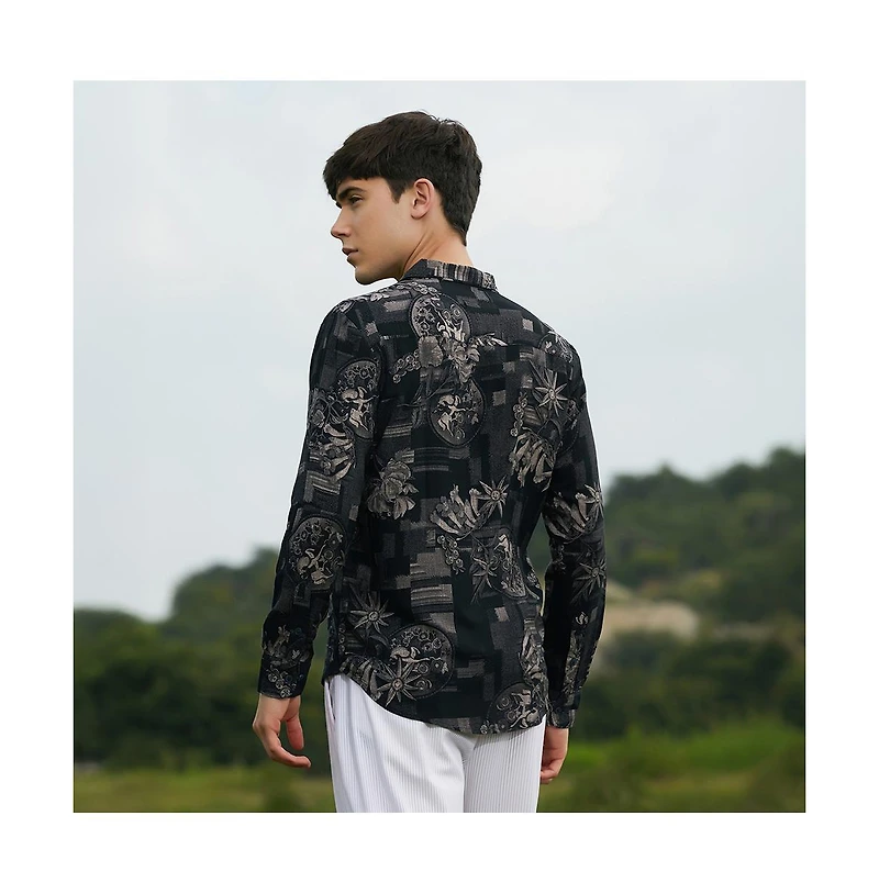 Campus Sutra Men's Midnight Bloom-Imprint Shirt