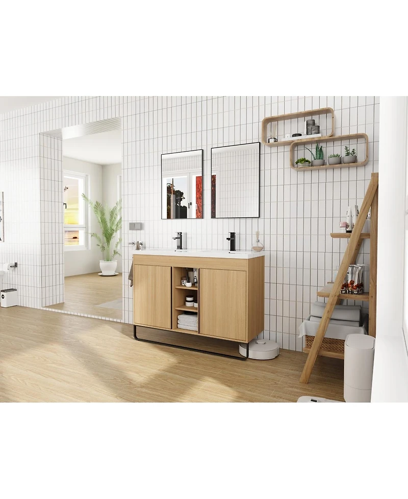 Sillysis 47.6 Inch Freestanding Double Sink Bathroom Vanity with Soft Close Doors, Open Shelves and Storage Boxes, Modern Plywood Cabinet