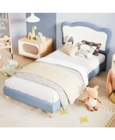 Homfan Scalloped Headboard Design Kids Bed Frame Upholstered Platform Soft Fabric Wooden Slats Sturdy No Box Seasonal Needed Low To Ground