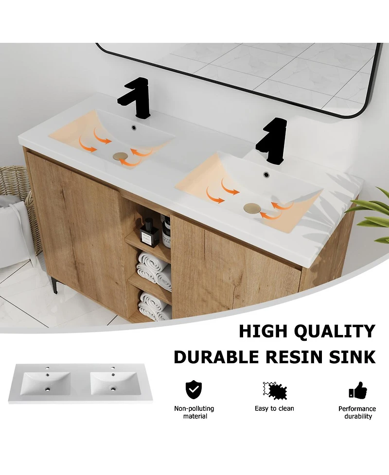 Sillysis 47.6 Inch Freestanding Double Sink Bathroom Vanity with Resin Basin, Adjustable Shelves and Open Storage, Modern Design