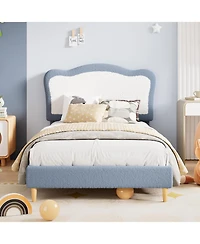 homfan Scalloped Headboard Design Kids Bed Frame, Upholstered Platform, Soft Fabric, Wooden Slats, Sturdy, No Box Seasonal Needed, Low to Ground