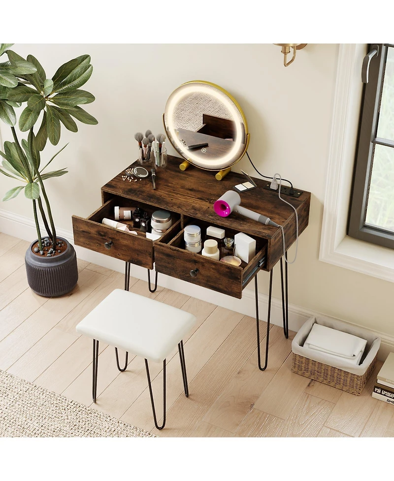Volenca Vanity Desk with Lighted Adjustable Mirror, Usb-c, and Stool, 30-in Tabletop