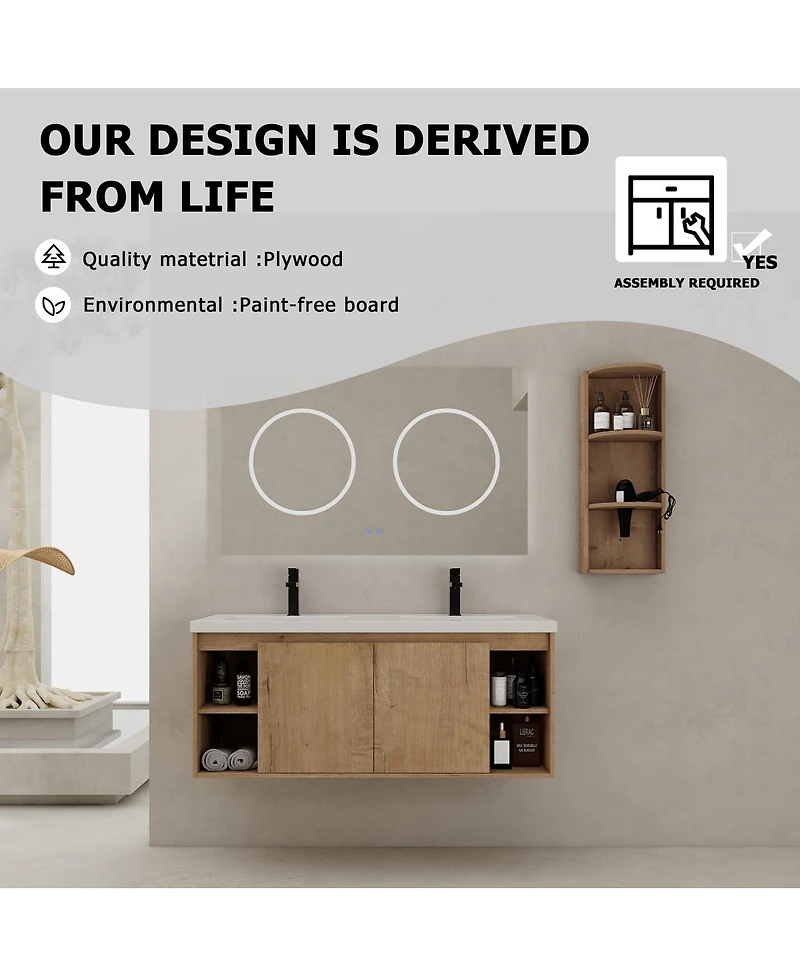 Sillysis 47.6 Inch Wall Mounted Double Sink Bathroom Vanity with Storage Rack, Open Shelves and Soft Close Doors, Modern Plywood Cabinet