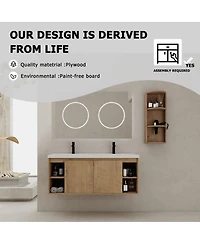 Sillysis 47.6 Inch Wall Mounted Double Sink Bathroom Vanity with Storage Rack, Open Shelves and Soft Close Doors, Modern Plywood Cabinet