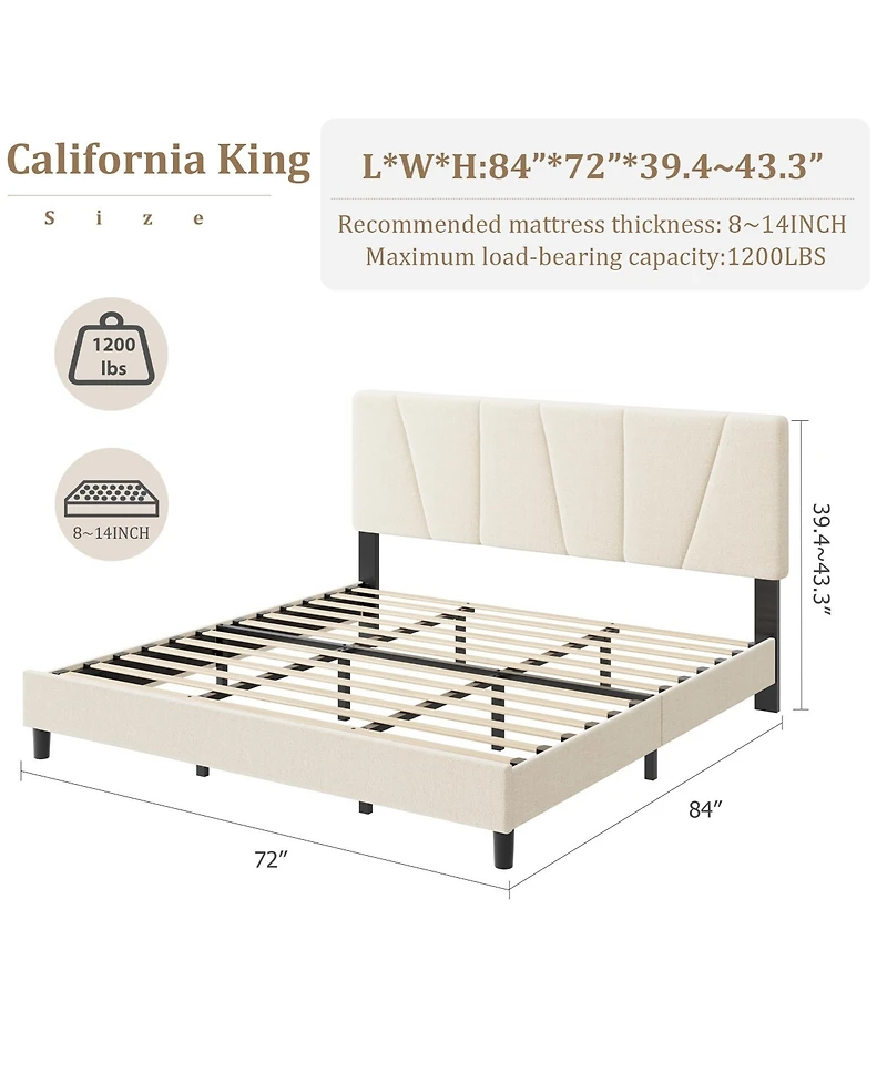 homfan Modern Upholstered Platform Bed Frame with Adjustable Headboard – Wooden Slats, No Box Spring Needed, Easy Assembly, Bedroom Furniture