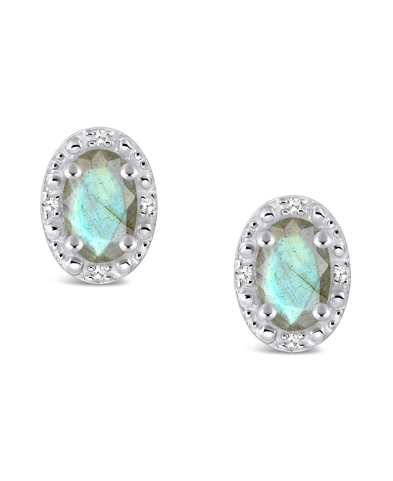 Onyx & Diamond Accent Oval Stud Earrings Sterling Silver (Also Labradorite Turquoise)