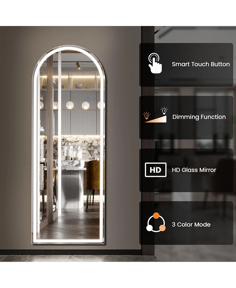Busdays 64x21 Inch Arched Led Full Length Mirror Aluminum Frame Polished Glass Floor Mirror for Bedroom
