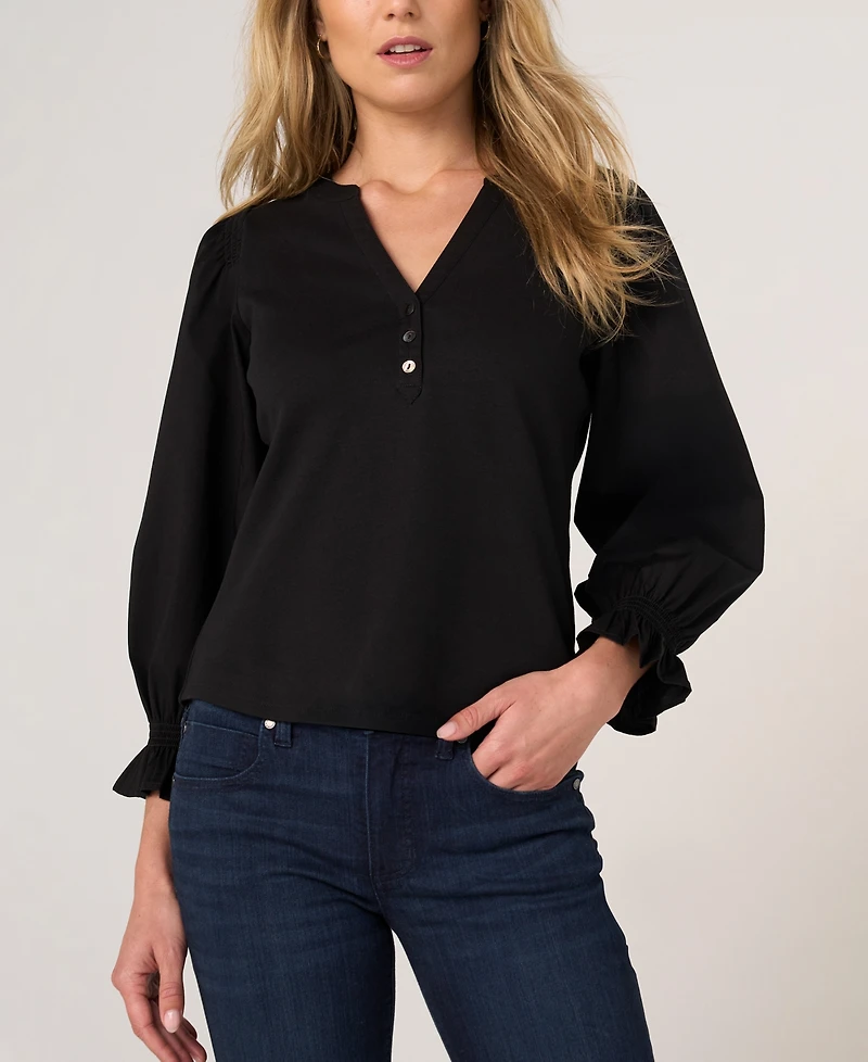 Liverpool Los Angeles Women's Puff-Sleeve Knit-To-Woven Top