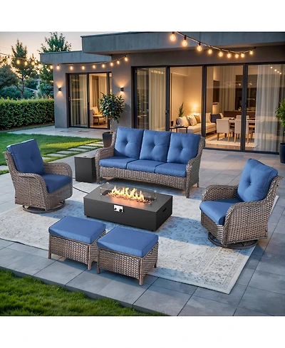 Pocassy 7 Pieces Outdoor Patio Furniture Sets with Fire Pit Kit,All Weather Wicker Sectional Sofa Swivel Chairs and Thick Cushion