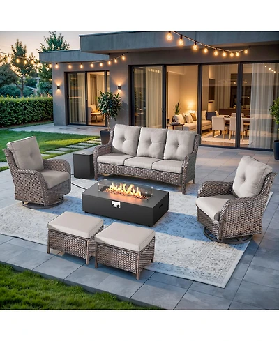 Pocassy 7 Pieces Outdoor Patio Furniture Sets with Fire Pit Kit,All Weather Wicker Sectional Sofa Swivel Chairs and Thick Cushion