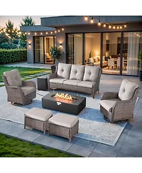 Pocassy 7 Pieces Outdoor Patio Furniture Sets with Fire Pit Kit,All Weather Wicker Sectional Sofa Swivel Chairs and Thick Cushion