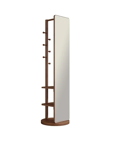 Midola 360 Degree Rotating Multifunctional Full-Length Floor Mirror with Coat Rack and Hook Storage, Solid Wood Frame for Bedroom and Living Room